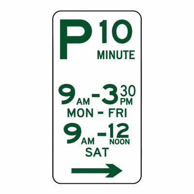 10 Minute Parking sign 225 x 450 mm — right arrow