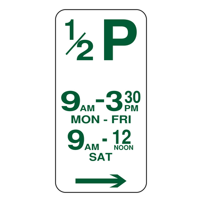 30 Minute (½P) Parking sign 225 x 450 mm — right arrow