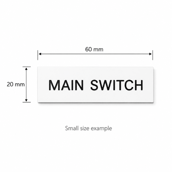 Small engraved traffolyte label size guide showing 60 x 20mm