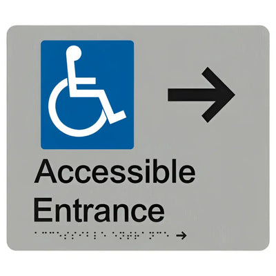 ACCESSIBLE ENTRANCE RIGHT ARROW SIGN - Silver – 210mm x 180mm - Braille & Tactile Signs