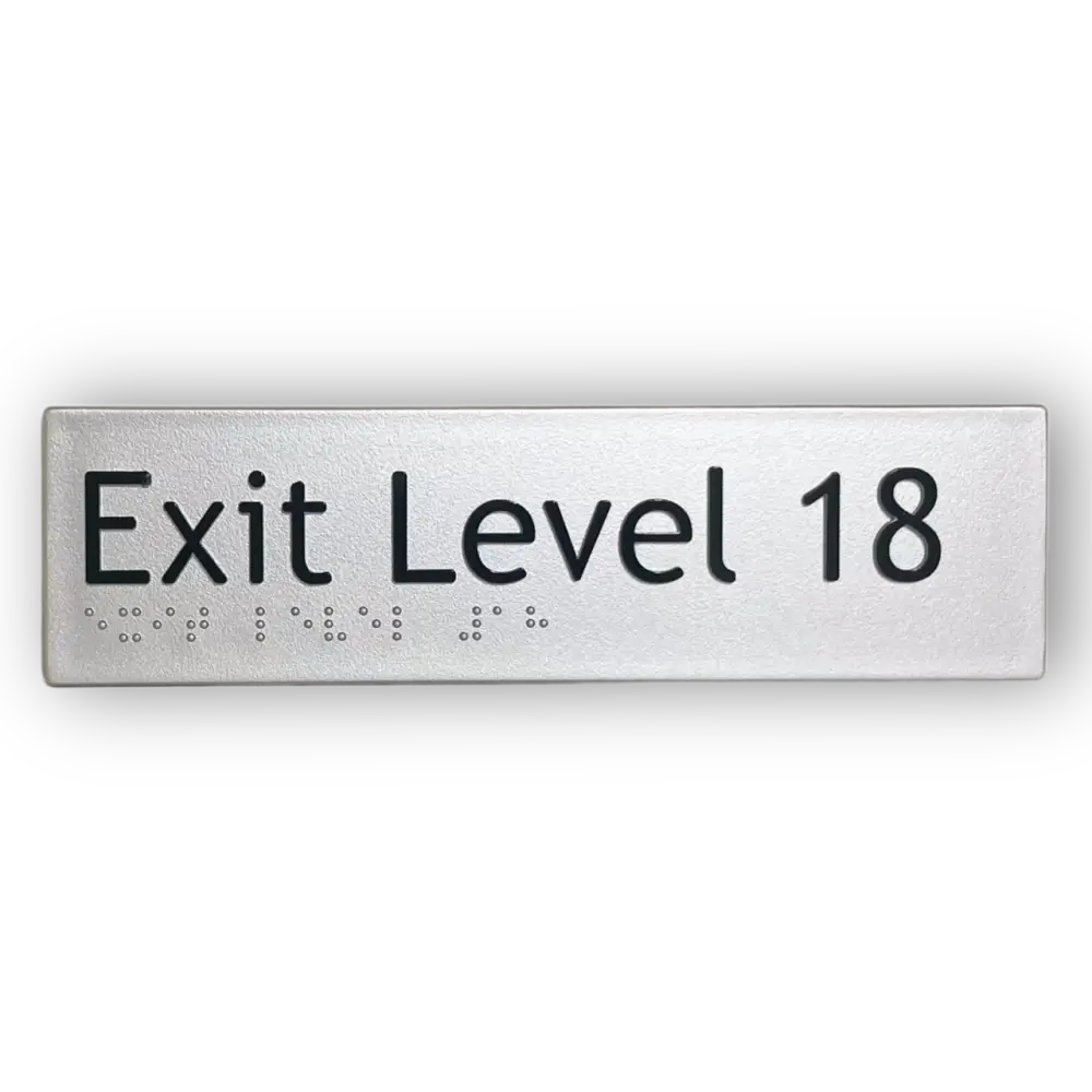 Braille Exit Sign Level 18 | AS1428.1 Compliant Silver PVC Silver – 180mm x 50mm Braille & Tactile Signs