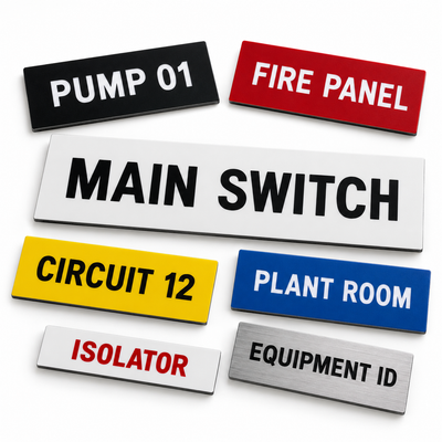 Illustrative assortment of custom engraved traffolyte labels in contrasting colours and a silver finish