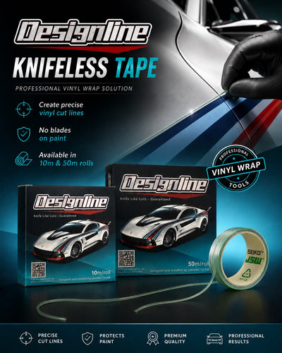 Designline knifeless tape for precise blade-free vinyl wrap cutting on vehicle panels