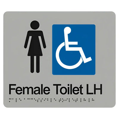FEMALE ACCESSIBLE TOILET LEFT HAND SIGN - Silver – 210mm x 180mm - Braille & Tactile Signs