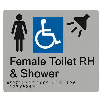 FEMALE ACCESSIBLE TOILET RH & SHOWER SIGN - Silver – 210mm x 180mm - Braille & Tactile Signs