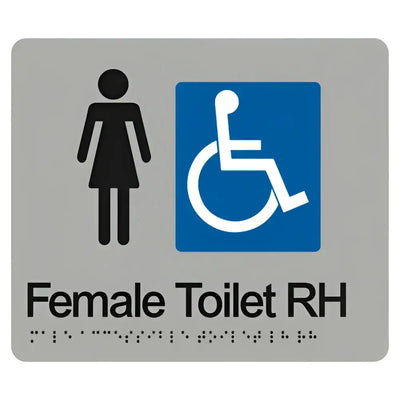 FEMALE ACCESSIBLE TOILET RIGHT HAND SIGN - Silver – 210mm x 180mm - Braille & Tactile Signs