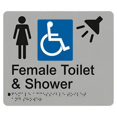 FEMALE ACCESSIBLE TOILET & SHOWER SIGN - Silver – 210mm x 180mm - Braille & Tactile Signs