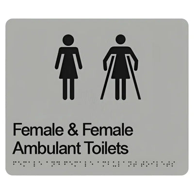 FEMALE & FEMALE AMBULANT TOILETS SIGN - Silver – 210mm x 180mm - Braille & Tactile Signs