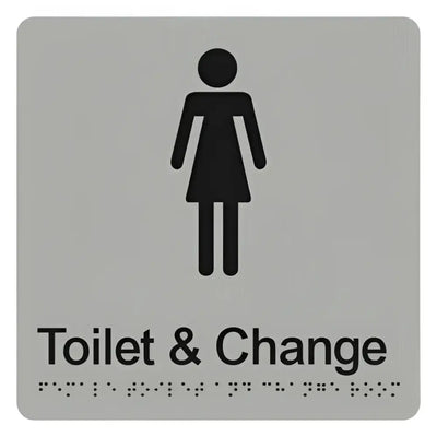 FEMALE TOILET & CHANGE SIGN - Silver - 180mm x 180mm - Braille & Tactile Signs