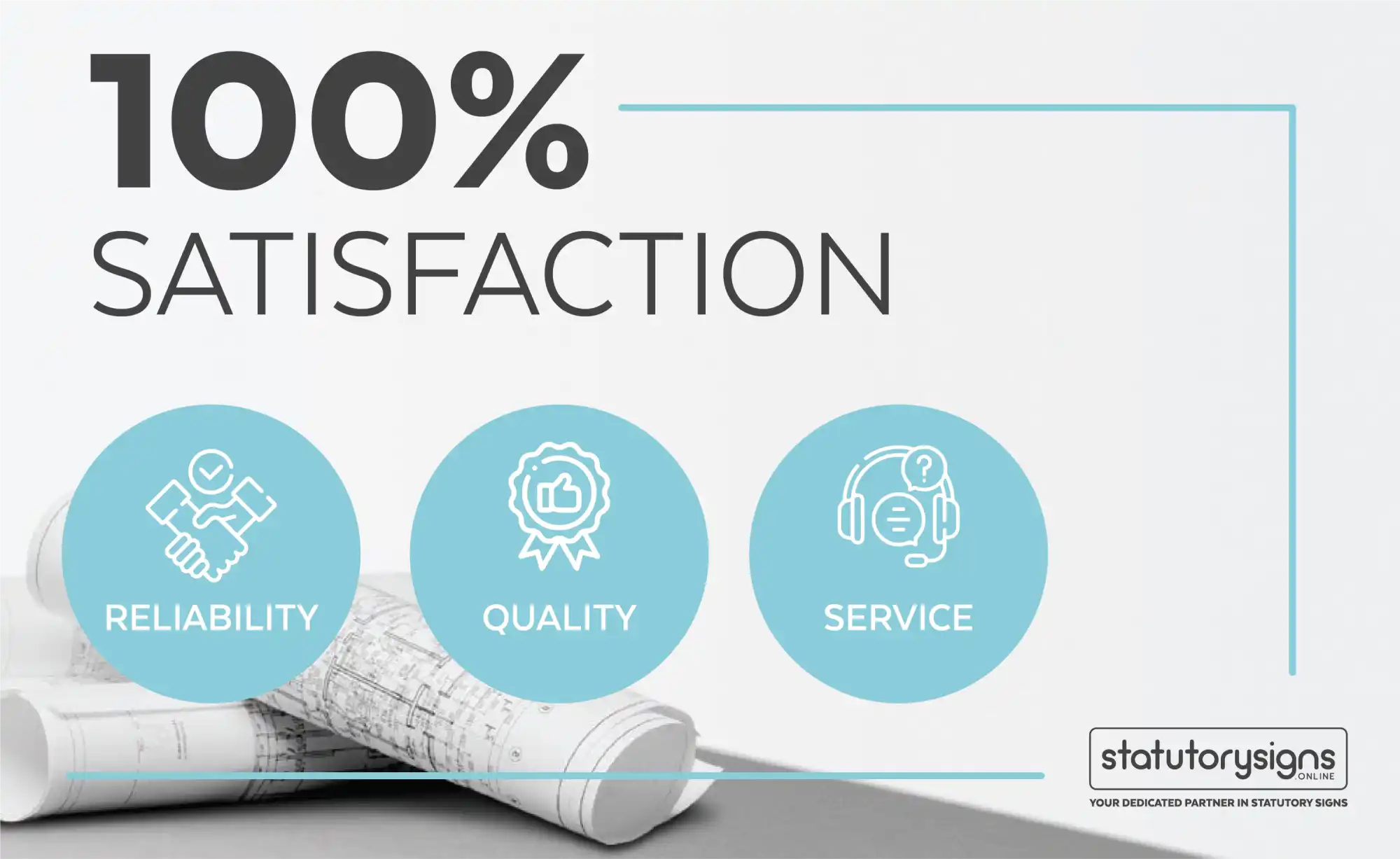 A graphic promoting 100% satisfaction through reliability, quality, and service, featuring three blue circular icons and rolled-up blueprints.