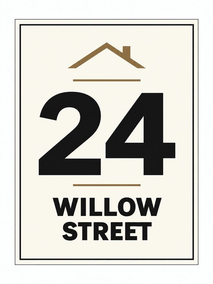 Personalised House Number & Street Name sign – front view, ivory with charcoal and bronze-brown printed artwork