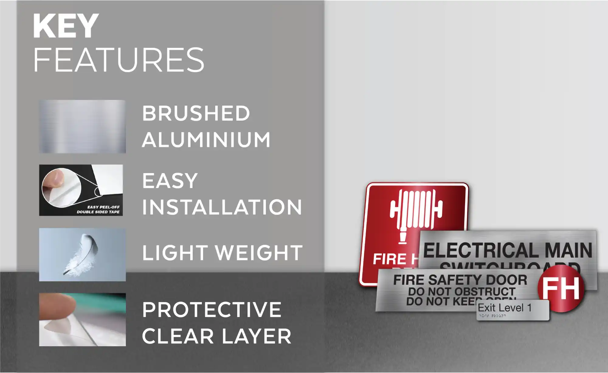 Informational and safety signs made of brushed aluminum with easy installation, lightweight design, and a protective clear layer.