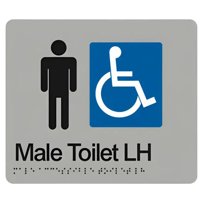 MALE ACCESSIBLE TOILET LEFT HAND SIGN - Silver – 210mm x 180mm - Braille & Tactile Signs