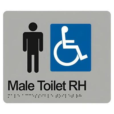 MALE ACCESSIBLE TOILET RIGHT HAND SIGN - Silver – 210mm x 180mm - Braille & Tactile Signs