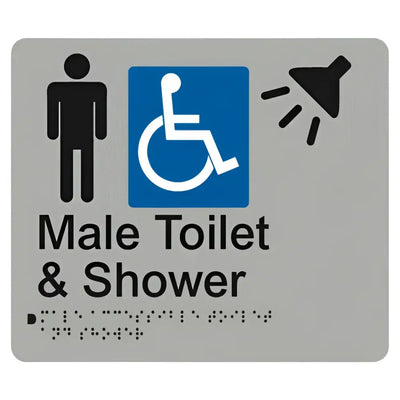 MALE ACCESSIBLE TOILET & SHOWER SIGN - Silver – 210mm x 180mm - Braille & Tactile Signs