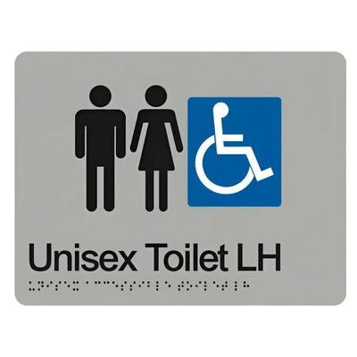 UNISEX ACCESSIBLE TOILET LEFT HAND SIGN - Silver – 210mm x 180mm - Braille & Tactile Signs