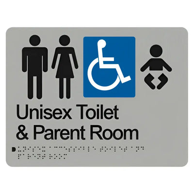 UNISEX ACCESSIBLE TOILET & PARENT ROOM SIGN - Silver – 235mm x 180mm - Braille & Tactile Signs