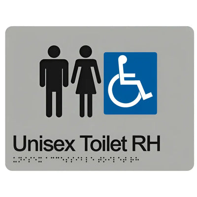 UNISEX ACCESSIBLE TOILET RIGHT HAND SIGN - Silver – 210mm x 180mm - Braille & Tactile Signs