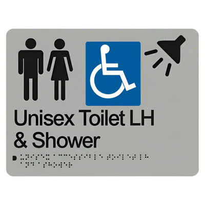 UNISEX ACCESSIBLE TOILET & SHOWER LEFT HAND SIGN - Silver – 235mm x 180mm - Braille & Tactile Signs