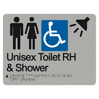 UNISEX ACCESSIBLE TOILET & SHOWER RIGHT HAND SIGN - Silver – 235mm x 180mm - Braille & Tactile Signs