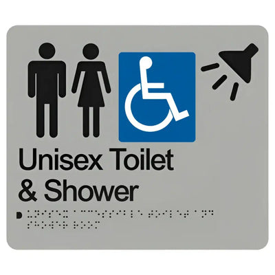 UNISEX ACCESSIBLE TOILET & SHOWER SIGN - Silver – 235mm x 180mm - Braille & Tactile Signs