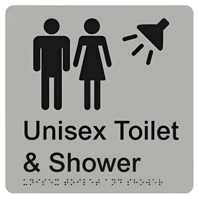UNISEX TOILET & SHOWER SIGN - Silver – 210mm x 180mm - Braille & Tactile Signs