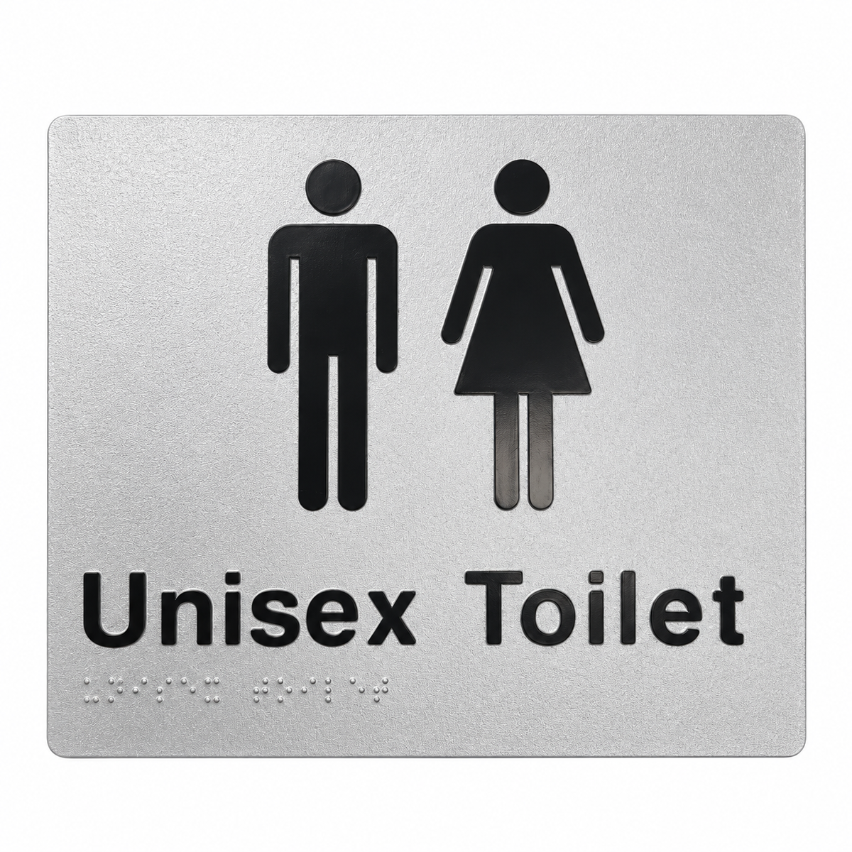 Unisex Toilet braille and tactile sign, silver PVC, 180 x 210 mm – product mockup