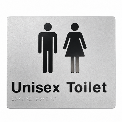 Unisex Toilet braille and tactile sign, silver PVC, 180 x 210 mm – product mockup