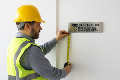 Inspector checking fire door signs installed on fire door