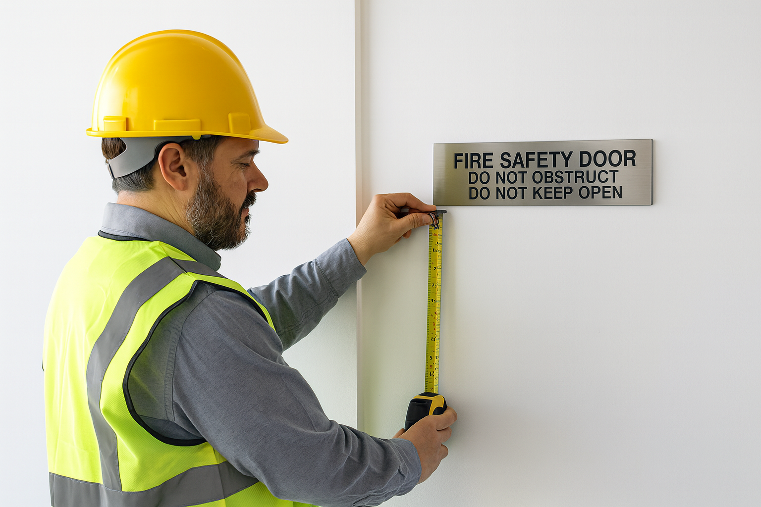 Inspector checking fire door signs installed on fire door