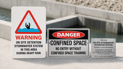 OSD marker plates and stormwater warning signs