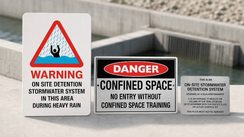 OSD marker plates and stormwater warning signs