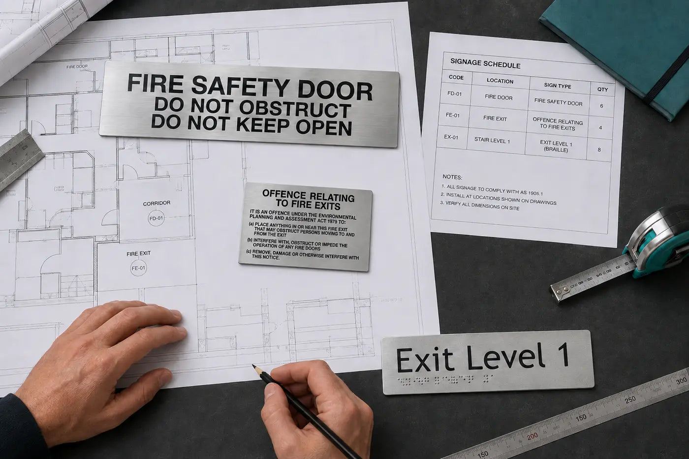 Australian statutory signage samples reviewed with building plans and a signage schedule