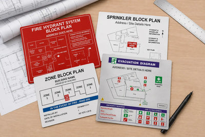 Evacuation, hydrant, sprinkler and fire alarm block plans arranged with building drawings