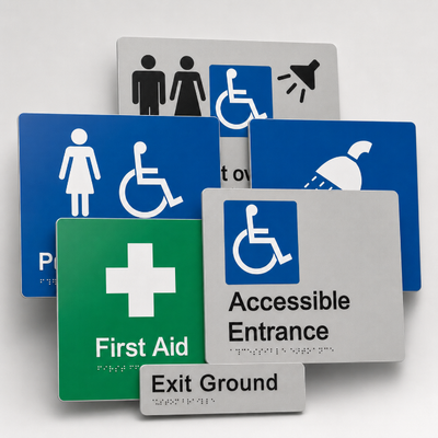 Braille and tactile signs for accessible entrances, toilets, first aid rooms and building exits.