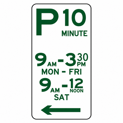 10 Minute Parking sign 225 x 450 mm — left arrow