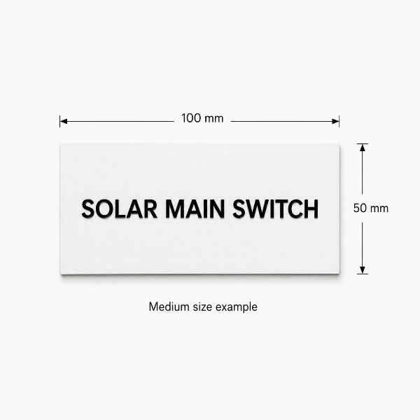 Medium engraved traffolyte label size guide showing 100 x 50mm