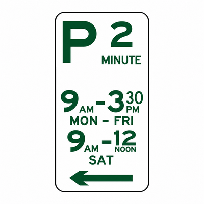 2 Minute parking sign, left arrow, 9 am–3:30 pm Monday–Friday and 9 am–noon Saturday