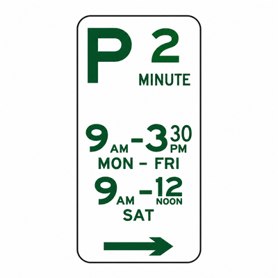 2 Minute parking sign, right arrow, 9 am–3:30 pm Monday–Friday and 9 am–noon Saturday