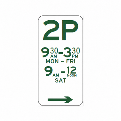 2P parking sign, right, 9:30 am–3:30 pm Monday–Friday and 9 am–noon Saturday, 225 × 450 mm