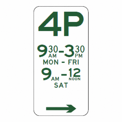 4P parking sign, right arrow; standard example times.