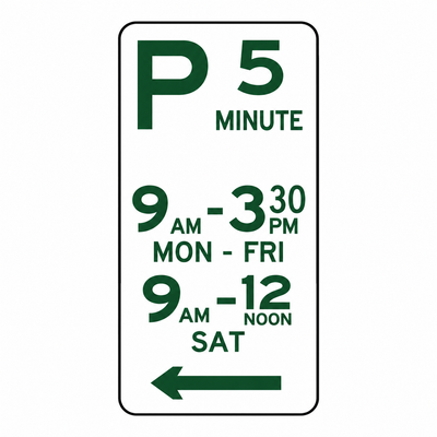 5 Minute parking sign, left arrow, 9 am–3:30 pm Monday–Friday and 9 am–noon Saturday