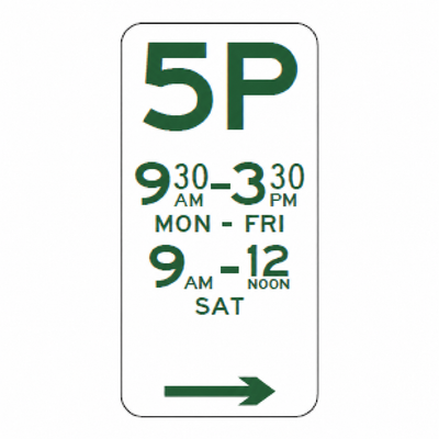 5P parking sign, right arrow; standard example times.