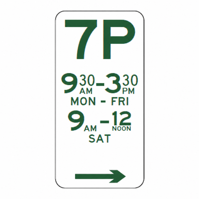 7P parking sign, right arrow; standard example times.