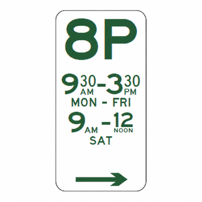 8P parking sign, right arrow; standard example times.