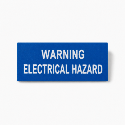 Blue traffolyte label with white engraved text