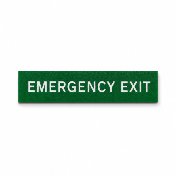 Green traffolyte label with white engraved text