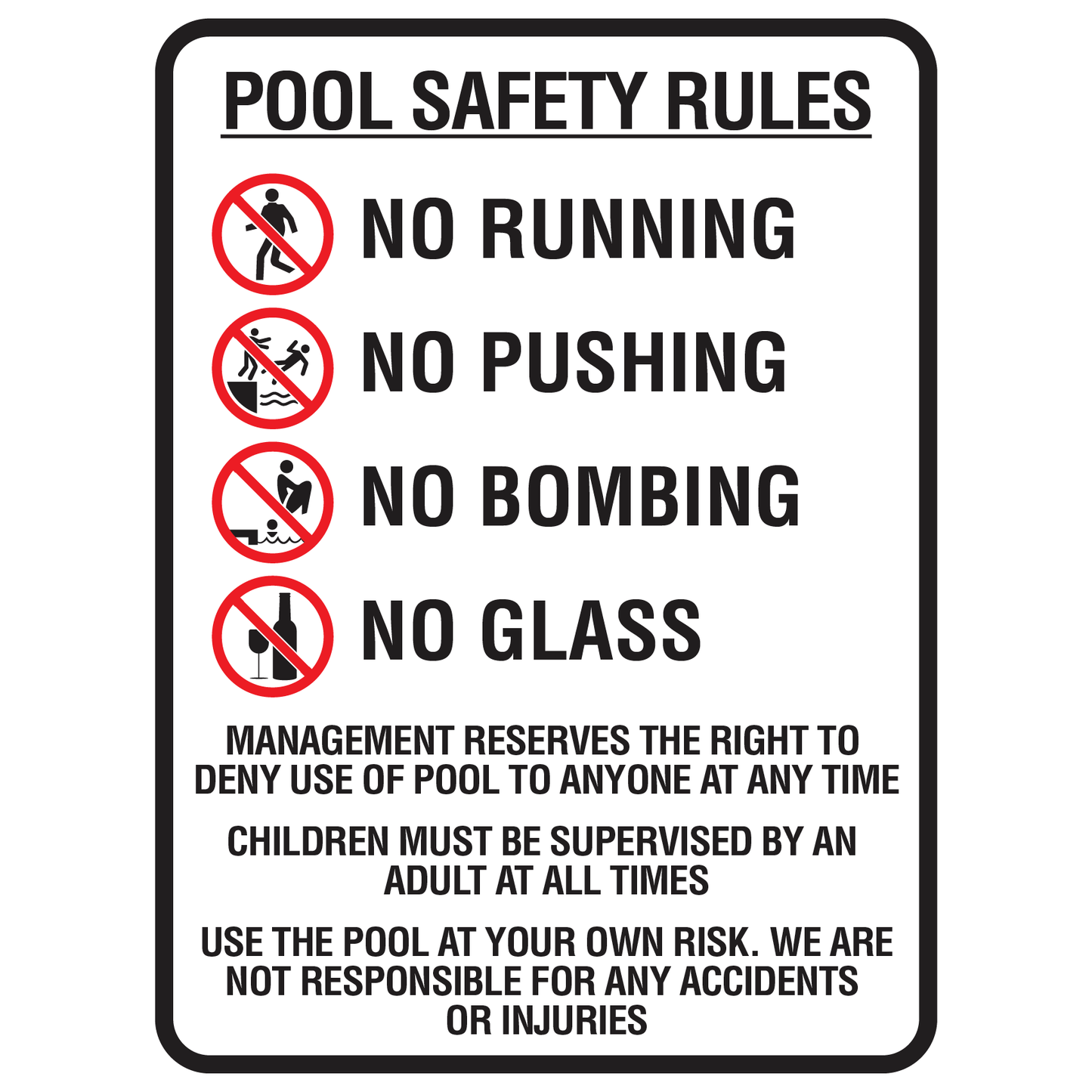 Pool Safety Rules Sign - Prohibition SigN