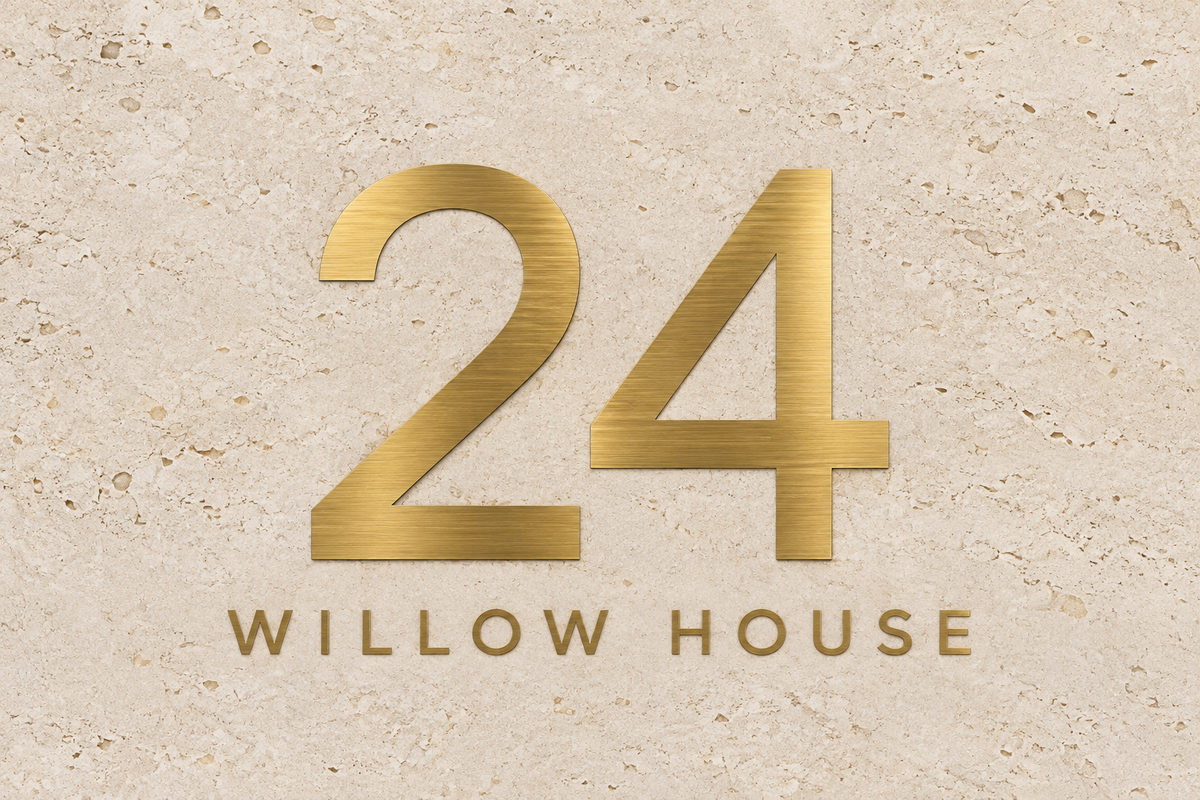 Front-on design concept of 24 Willow House in a brushed brass colour; final finish and fixing confirmed by quote