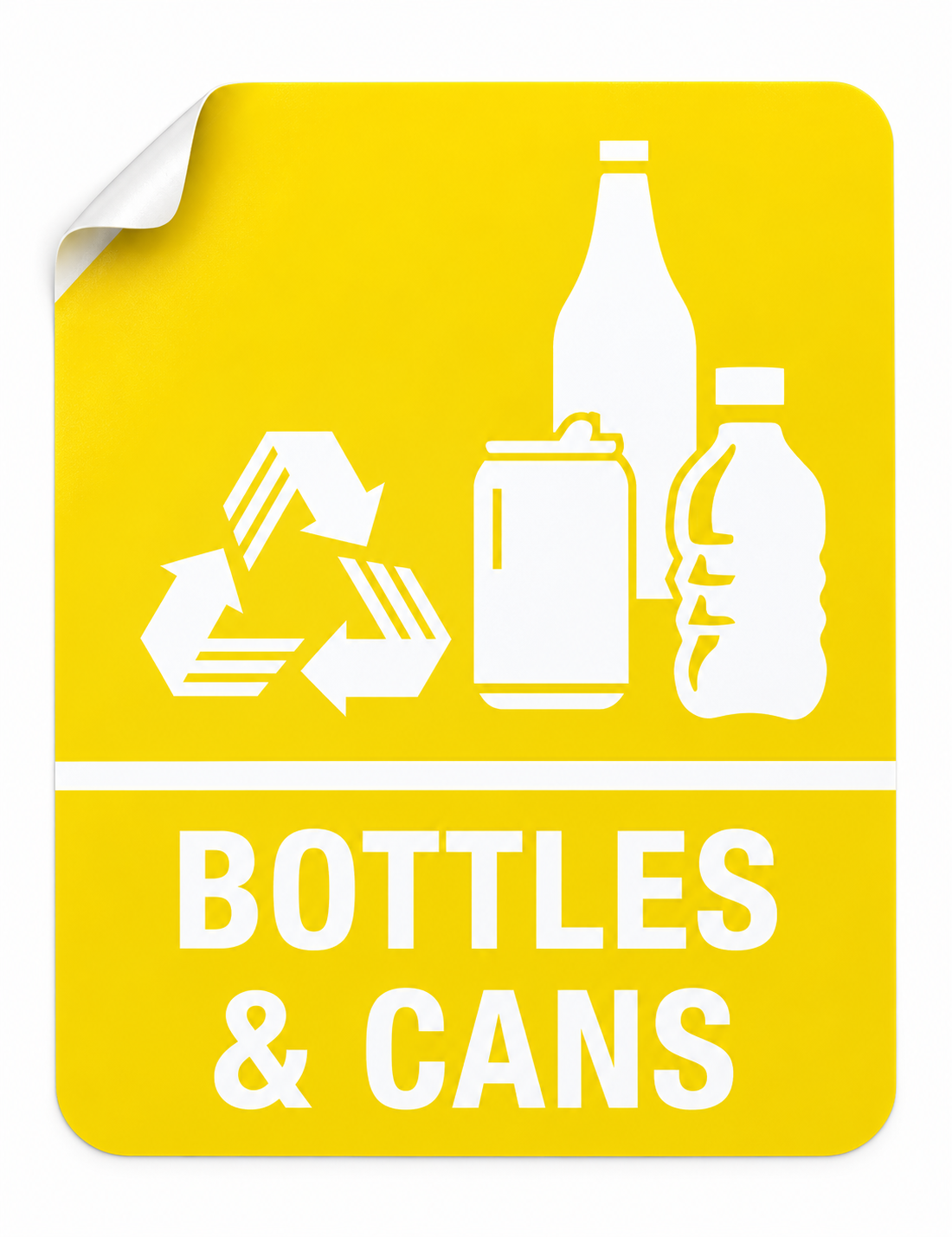 Bottles Cans white vinyl sticker with peeled corner, 200 x 260 mm